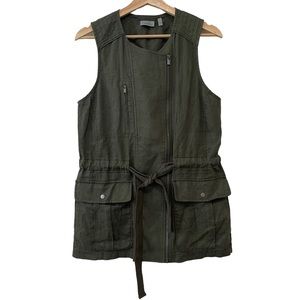 Athleta Wanderabout 100% Linen Olive Green Utility Tunic Length Zip Vest S